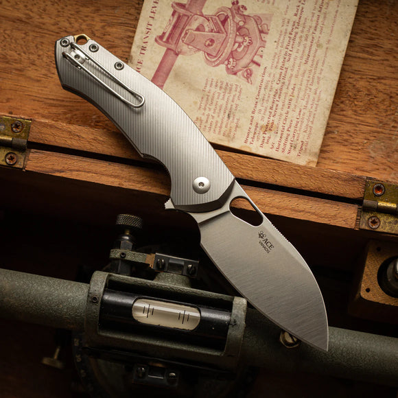 GIANT MOUSE ACE KNIVES BIBLIO-XL BIG BROTHER TI HANDLE VANADIS STEEL LINER LOCK FOLDING KNIFE.