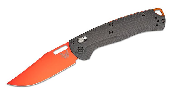 BENCHMADE 15535OR-01 TAGGEDOUT CPM-MAGNACUT STEEL ORANGE CF HANDLE FOLDING KNIFE.