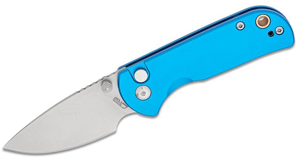 CJRB J1934BU MICA PUSH LOCK AR-RPM9 STEEL SAND POLISHED BLADE BLUE ALUMINIUM HANDLE FOLDING KNIFE.
