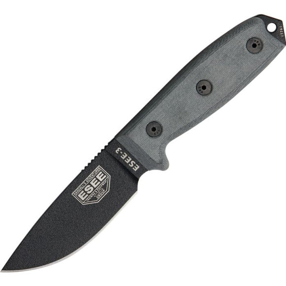 ESEE RAT CUTLERY ESEE-3P ES3PB FIXED BLADE KNIFE WITH BLACK MOLDED PLASTIC FIXED BLADE KNIFE WSHEATH.