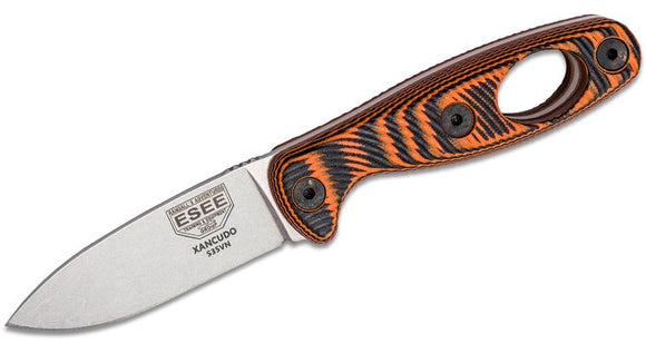 ESEE ESXAN1006 XANCUDO CARABINER HOLE S35VN ORANGE G10 HANDLE FIXED BLADE KNIFE W/SHEATH.