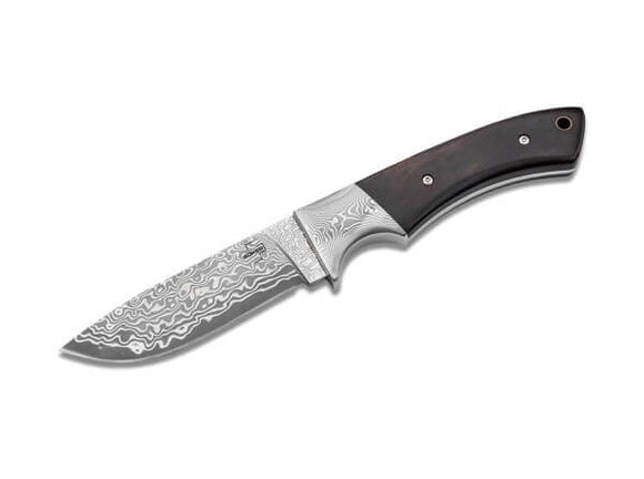 BOKER PLUS 02BO090DAM M-TONE DAMAST DAMASCUS STEEL EBONY FIXED BLADE KNIFE W/SHEATH.