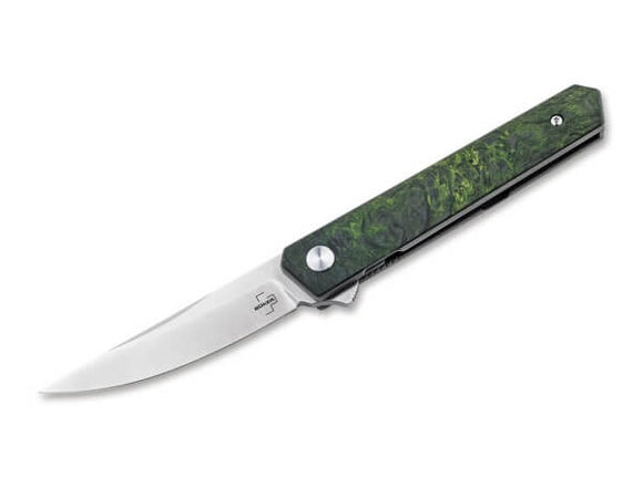 BOKER PLUS 01BO497 MINI KWAIKEN LUCAS BURNLEY M390 STEEL GREEN CFTI HANDLE LIMITED FOLDING KNIFE.