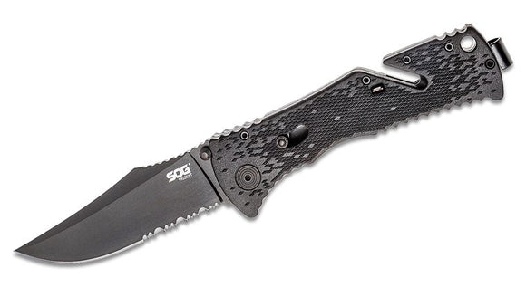 SOG TRIDENT TF1-CP AUS8 STEEL CLIP POINT COMBO EDGE FOLDING KNIFE.