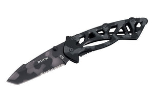 BUCK 0870CMX BONES SERRATED 420 STAINESS TIGER STRIPE FOLDING KNIFE.