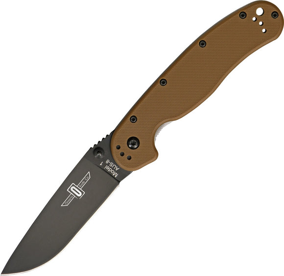 ONTARIO 8846CB RAT I AUS-8 COYOTEE BROWN HANDLE PLAIN EDGE FOLDING KNIFE