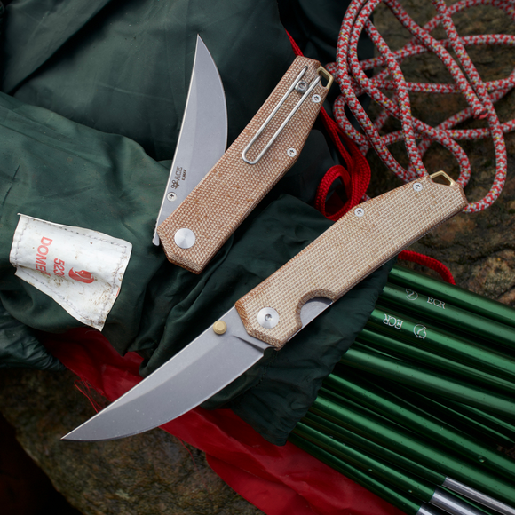 GIANT MOUSE ACE KNIVES CLYDE NATURAL CANVAS AND BRASS ELMAX STEEL FOLDING KNIFE