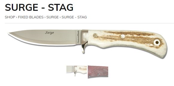 DIAMONDBLADE KNIVES 00901FG SURGE STAG FIXED BLADE KNIFE WITH SHEATH