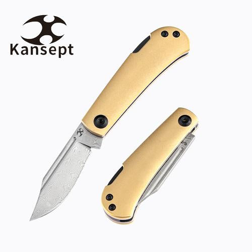KANSEPT KNIVES K2026BB1 WEDGE DAMASCUS BRASS HANDLE NICK SWAN FOLDING KNIFE.