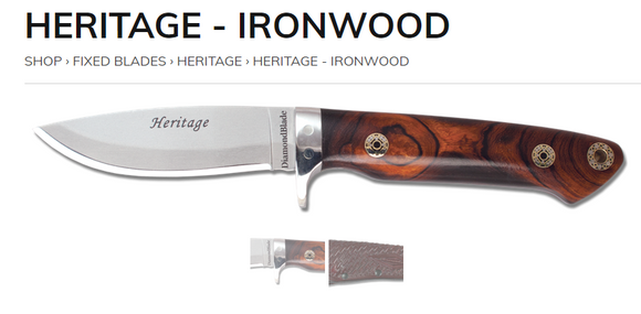 DIAMONDBLADE KNIVES 00804FG HERITAGE IRONWOOD FIXED BLADE KNIFE WITH SHEATH