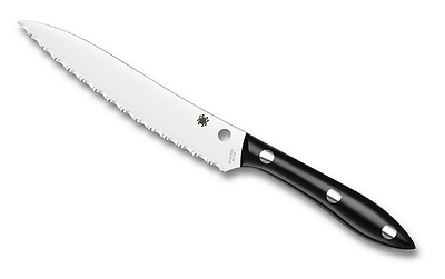 Spyderco k11s cooks knife serrated edge vg-10 black corian handle kitchen knife.