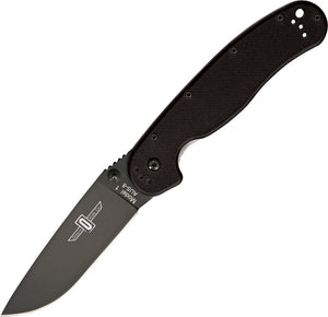 ONTARIO 8846 RAT I AUS-8 BLACK HANDLE PLAIN EDGE FOLDING KNIFE