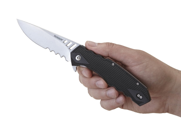 RUGER KNIVES R1702 FOLLOW-THROUGH LERCH DESIGNED SATIN COMBO EDGE FOLDING KNIFE.