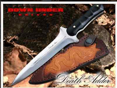 DOWN UNDER KNIVES DUKDA DEATH ADDER FIXED BLADE KNIFE WITH LEATHER SHEATH.